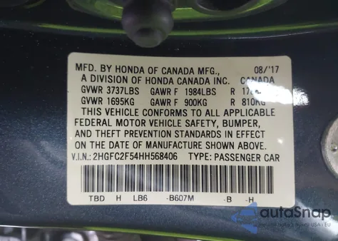 2017 Honda Civic Lx z USA, uszkodzony, nr VIN 2HGFC2F54HH568406